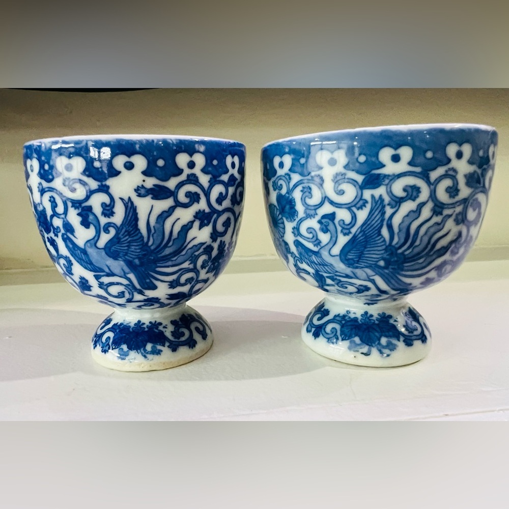 Vintage Japanese Chinoiserie Phoenix Blue Bird cups (2)